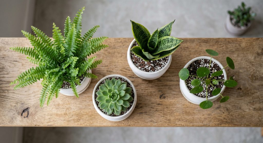 Vista cenital de cuatro macetas blancas con plantas sobre un banco de madera clara